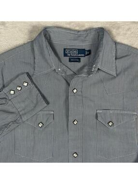 Vintage Polo Ralph Lauren Striped Diamond Pearl Snaps Blue White Mens Medium M